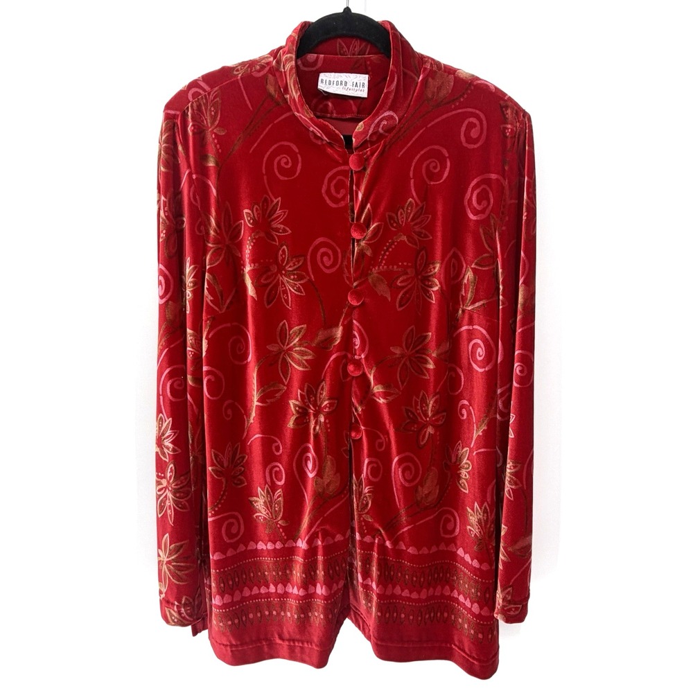 Vtg Burgundy Velvet Floral Button Front Blouse Jacket Artistic Wearable Art L